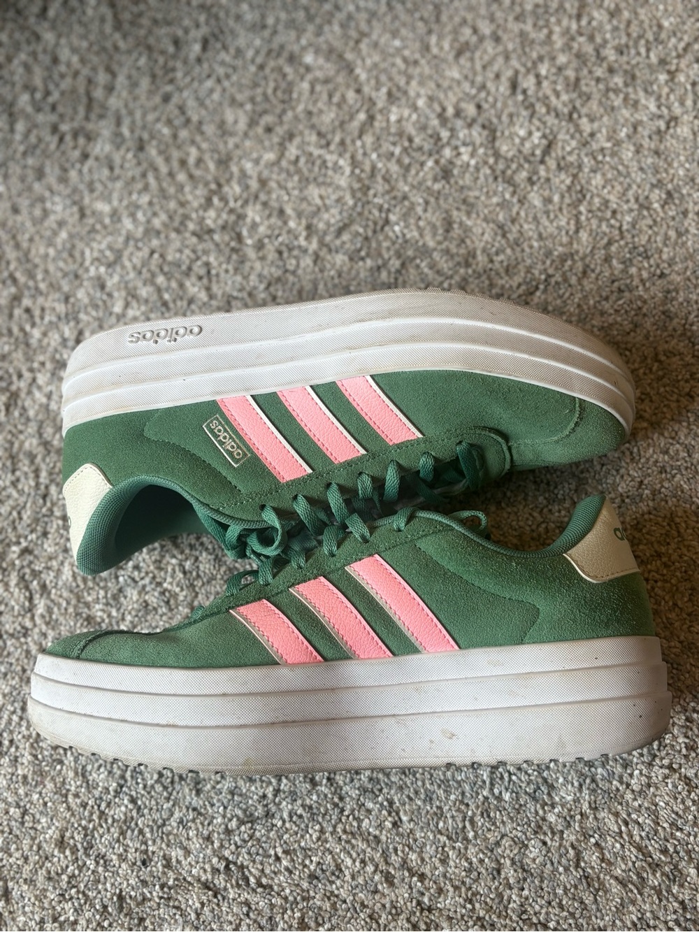 adidas Green Suede Platform Sneakers with Pink Three-Stripes